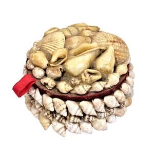 VTG Shabby Sea Shell Trinket Jewelry Box Nautical Seashells Red Fabric BOHO